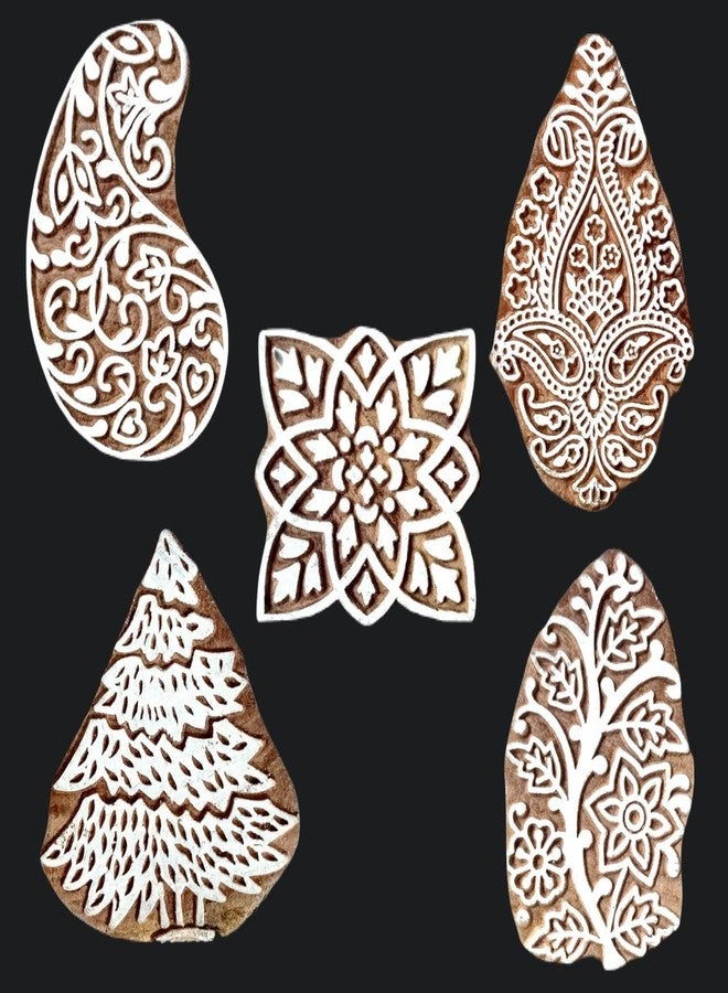 ecofynd Wood Block Stamps (Pack of 5), Wooden Blocks for Block Printing Stamp Set, Artistic Shapes Craft Kids Saree Border DIY Henna Fabric Textile Paper Clay Pottery Hand-Carved (BLOCK016) - Image 1